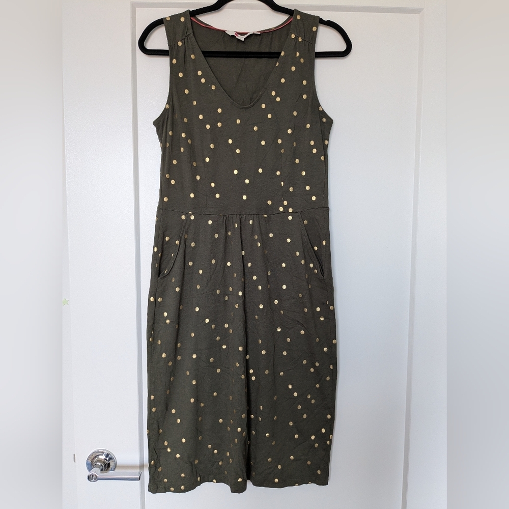 Boden UK 10L Green/Gold Polka Dot Dress
